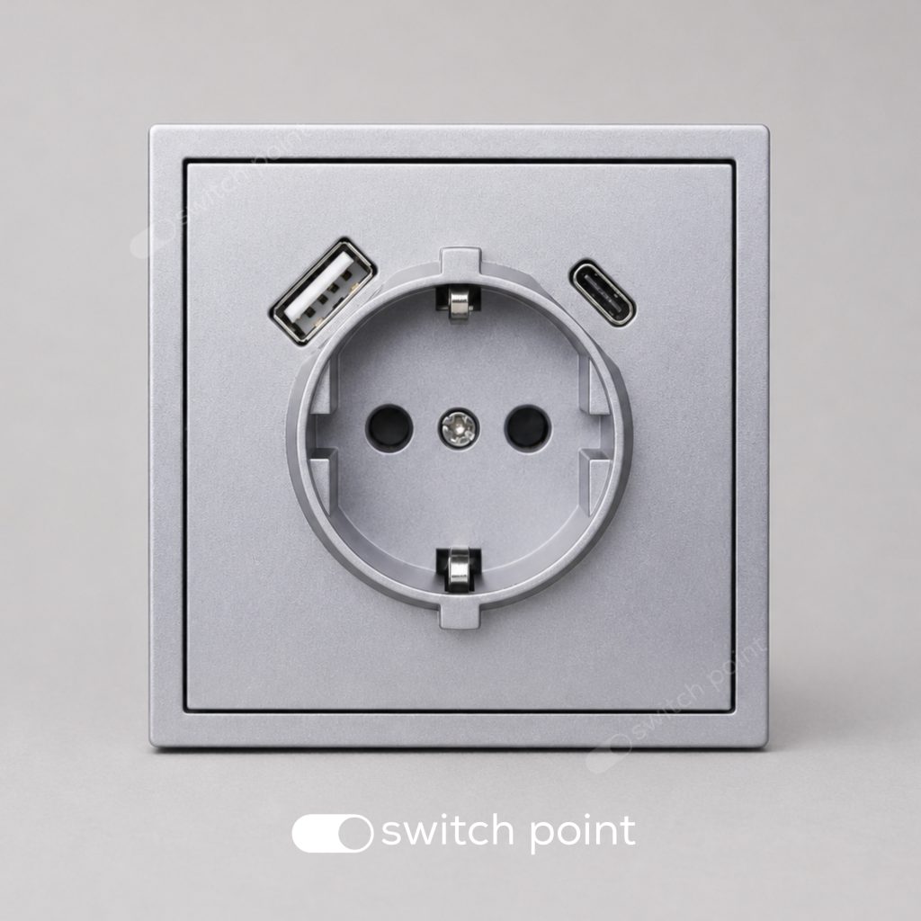 Розетка з заземленням і USB A+C, Slim Series, Сірий (без рамки)