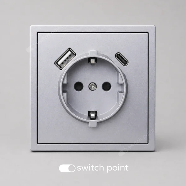 Розетка з заземленням і USB A+C, Slim Series, Сірий (без рамки)