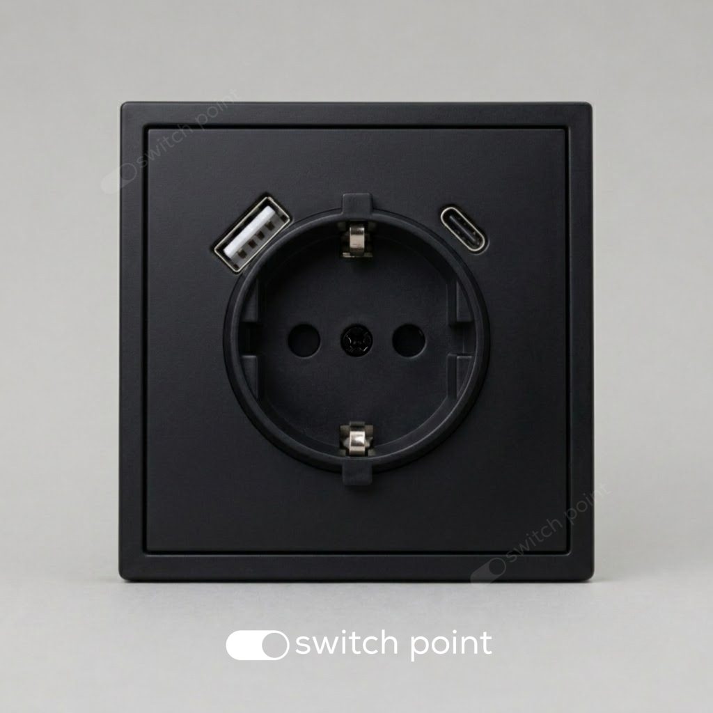 Розетка з заземленням і USB A+C, Slim Series, Чорний (без рамки)
