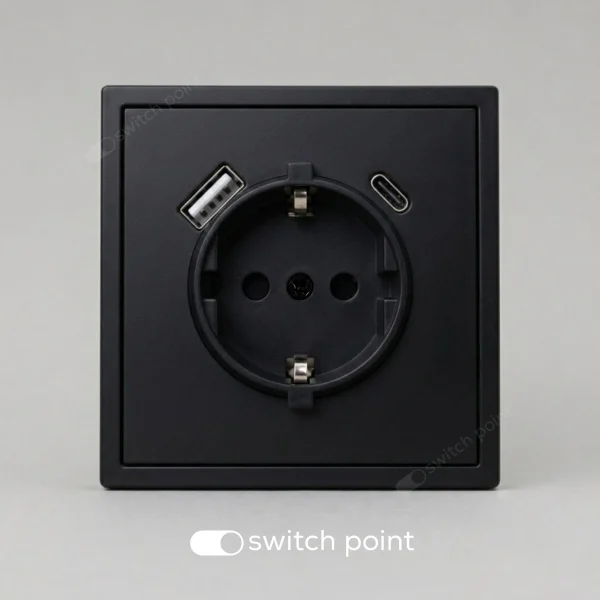 Розетка з заземленням і USB A+C, Slim Series, Чорний (без рамки)