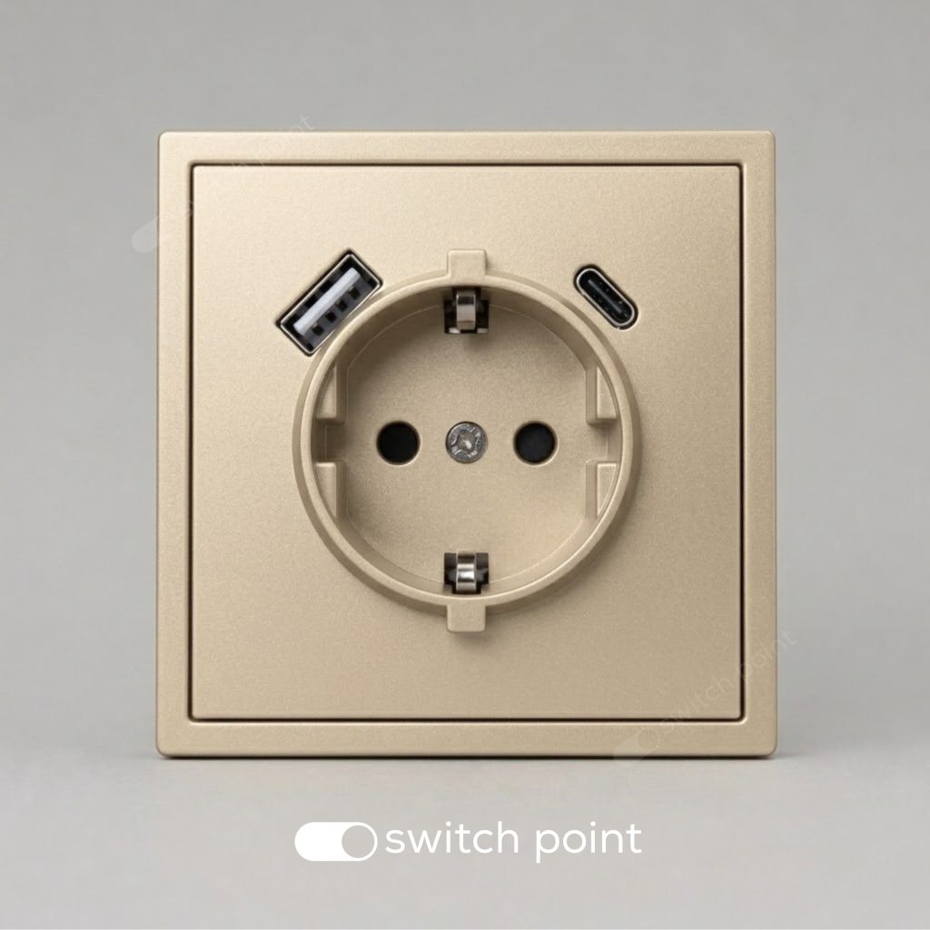 Розетка з заземленням і USB A+C, Slim Series, Золотий (без рамки)