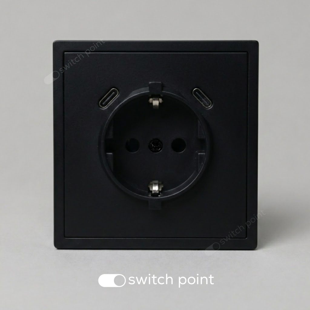 Розетка з заземленням і USB C+C, Slim Series, Чорний (без рамки)