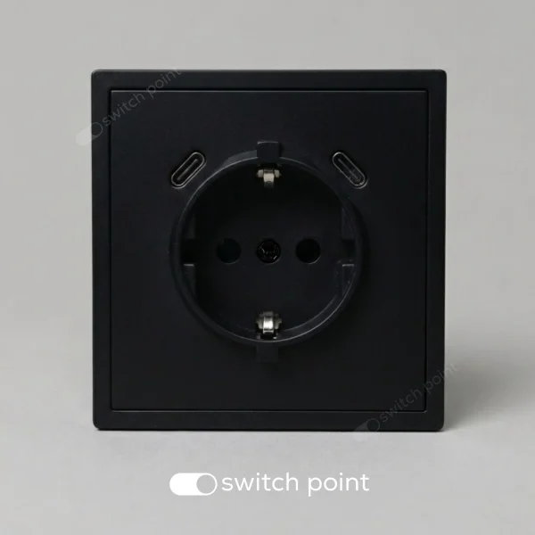 Розетка з заземленням і USB C+C, Slim Series, Чорний (без рамки)