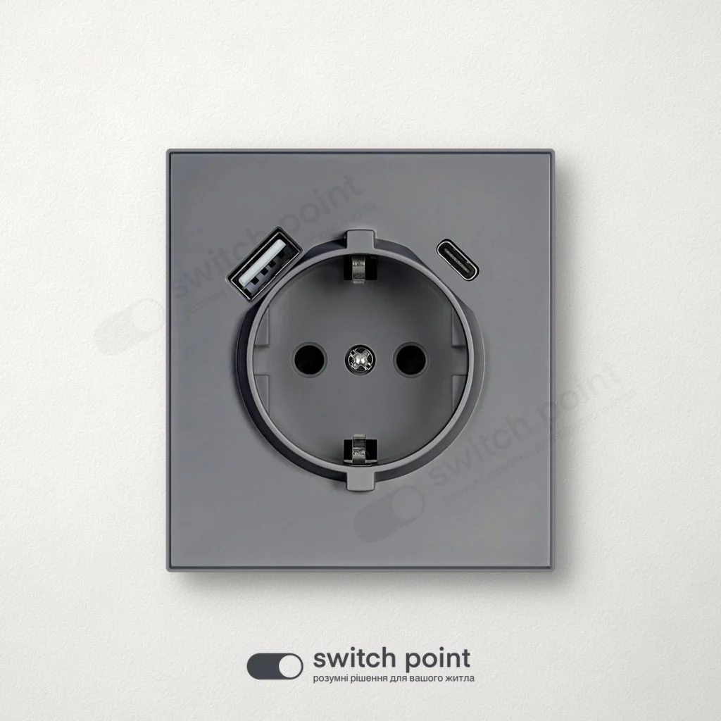 Розетка з заземленням і USB A+C, Ultra Slim Series, Графітовий (без рамки)