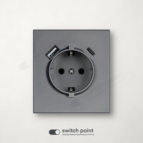 Розетка с заземлением и USB A+C, Ultra Slim Series, Графитовый (без рамки)