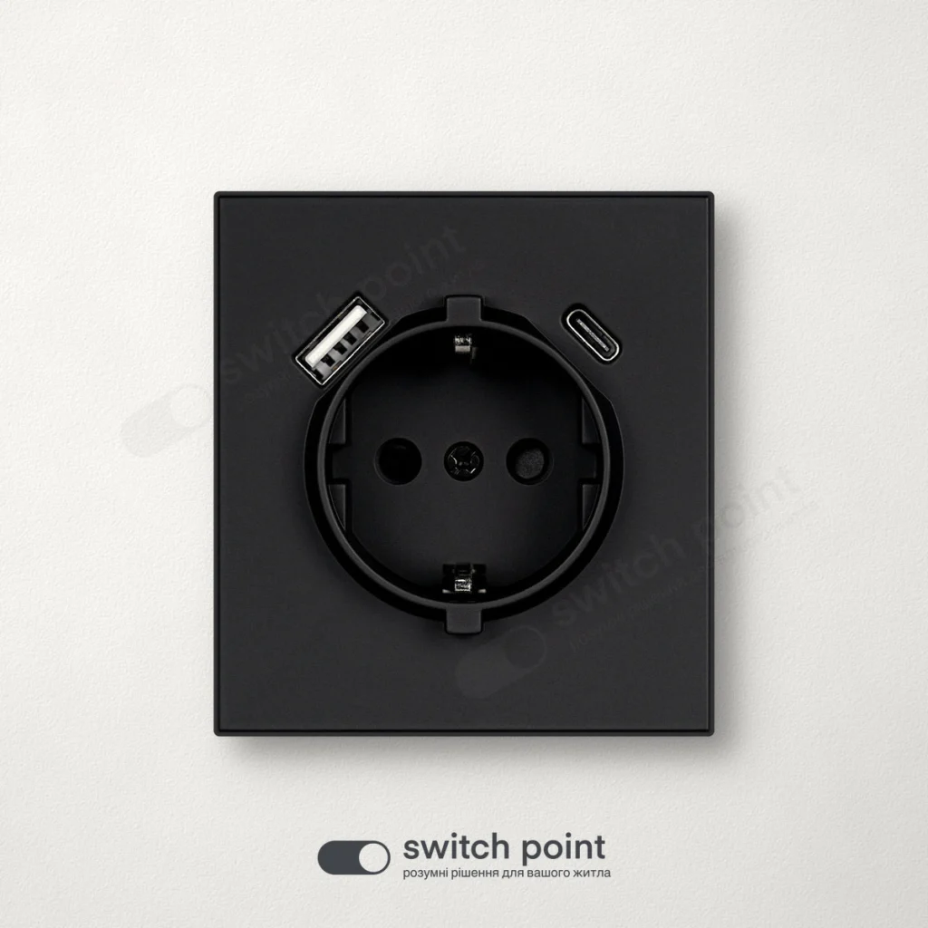 Розетка з заземленням і USB A+C, Ultra Slim Series, Чорний (без рамки)