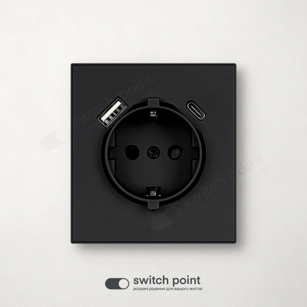Розетка з заземленням і USB A+C, Ultra Slim Series, Чорний (без рамки)